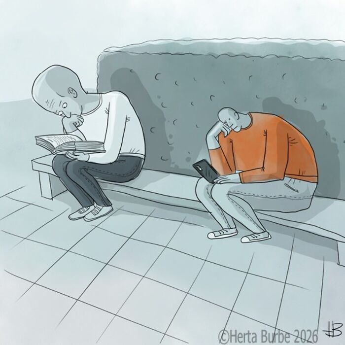 Herta Burbe comic depicting two men on a bench, one reading a book, the other on a phone, from daily comics and illustrations.