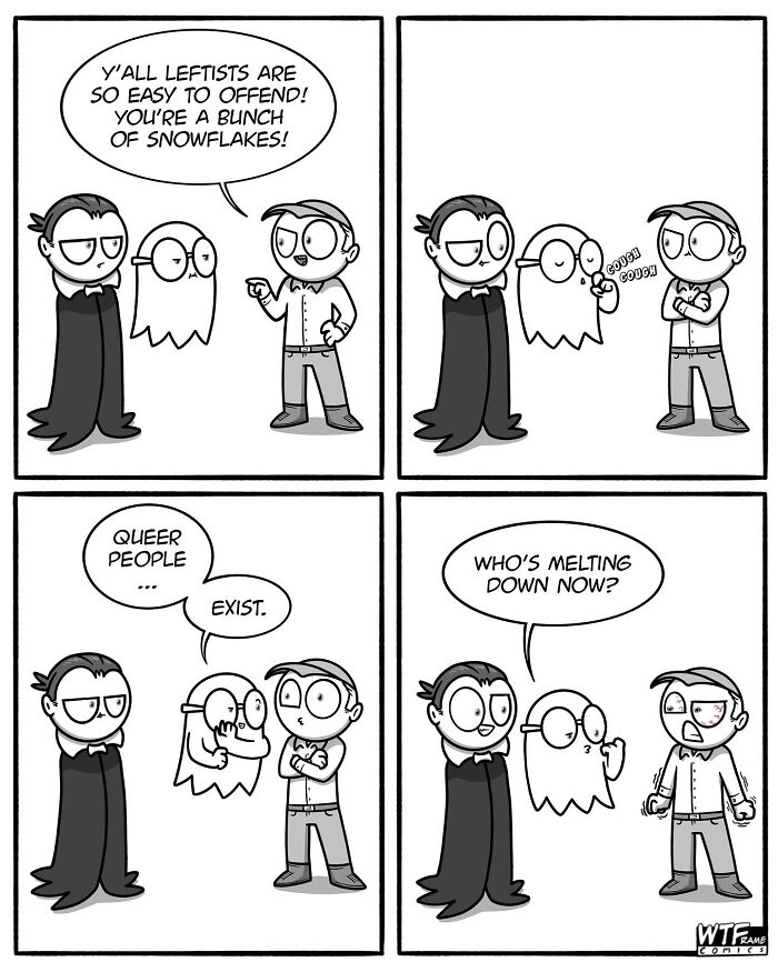 WTFramecomics: a man gets offended when he is told that queer people exist.