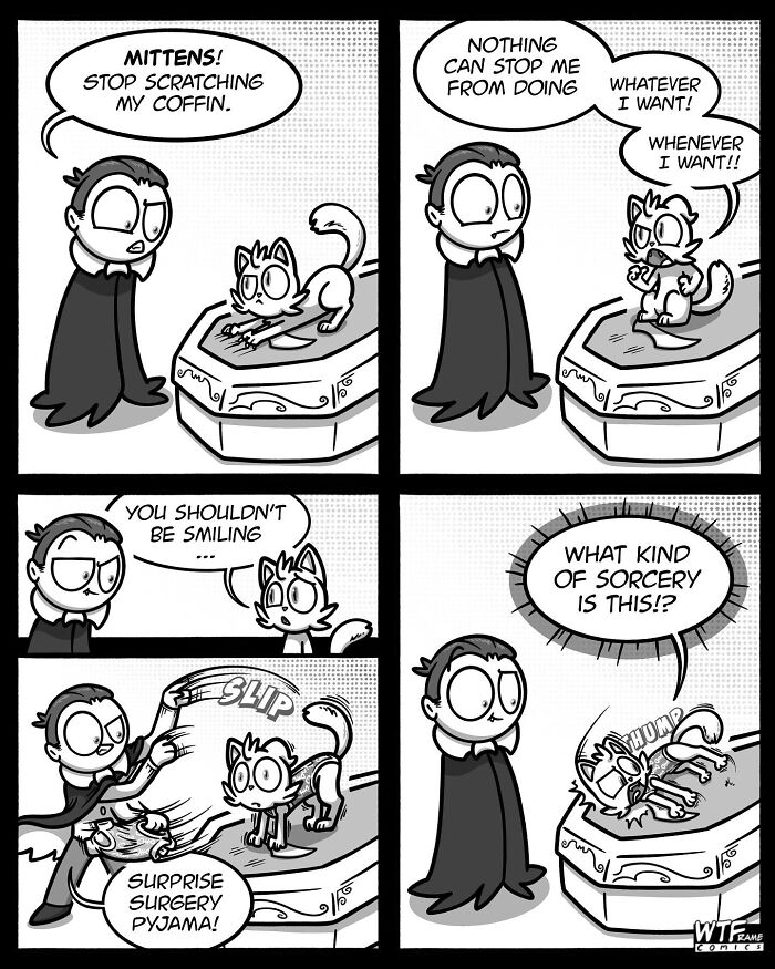 A WTFramecomics comic where Mittens the cat scratches a coffin, leading to a surprise surgery pajama prank.