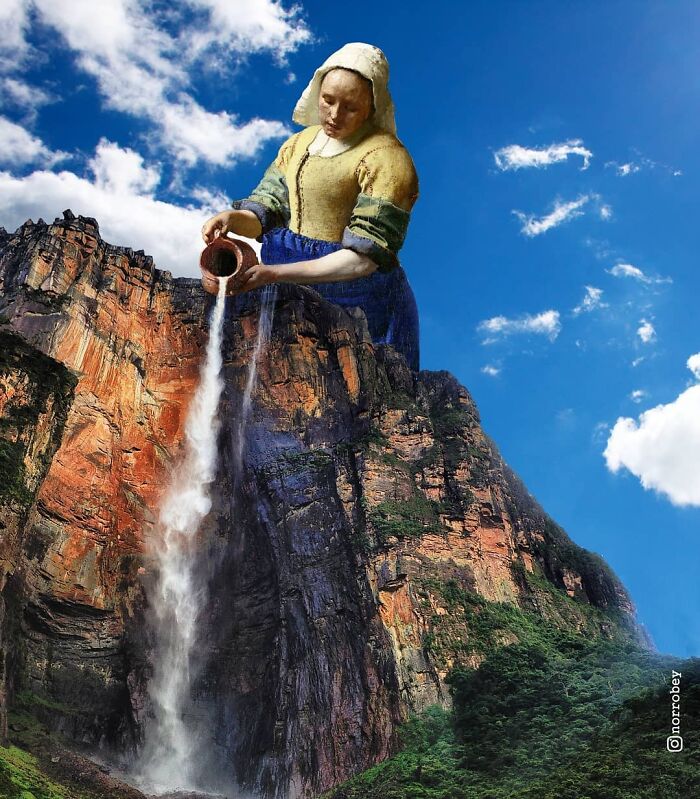 Digital artist blends famous movies and classical art: A classical art woman pours water, creating a waterfall.