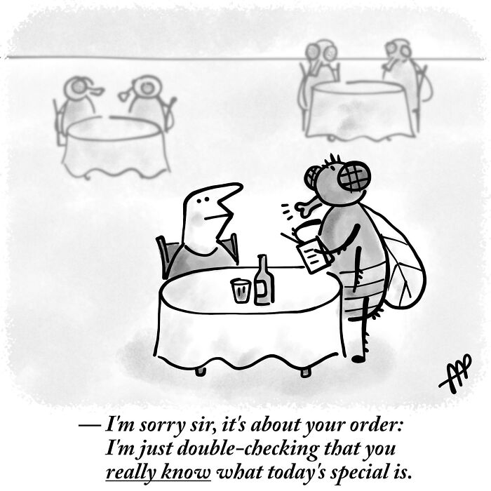 A fly-headed waiter questioning a diner about the special in a restaurant, a witty single-panel comic.