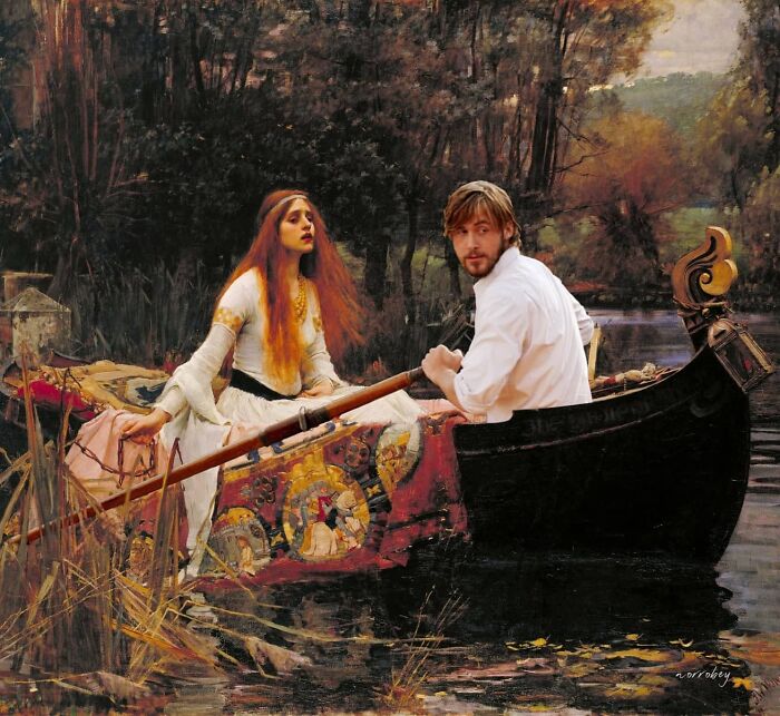 Digital artist blends famous movies and classical art: Ryan Gosling rows a boat with a woman from classical painting.