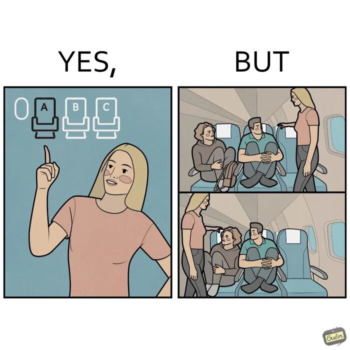 Yes, But comics: A woman selects a comfortable plane seat, but finds it cramped with other passengers.