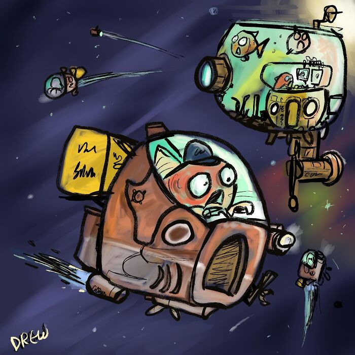 A surprisingly clever single-panel comic of an animated submarine in a vibrant underwater scene.