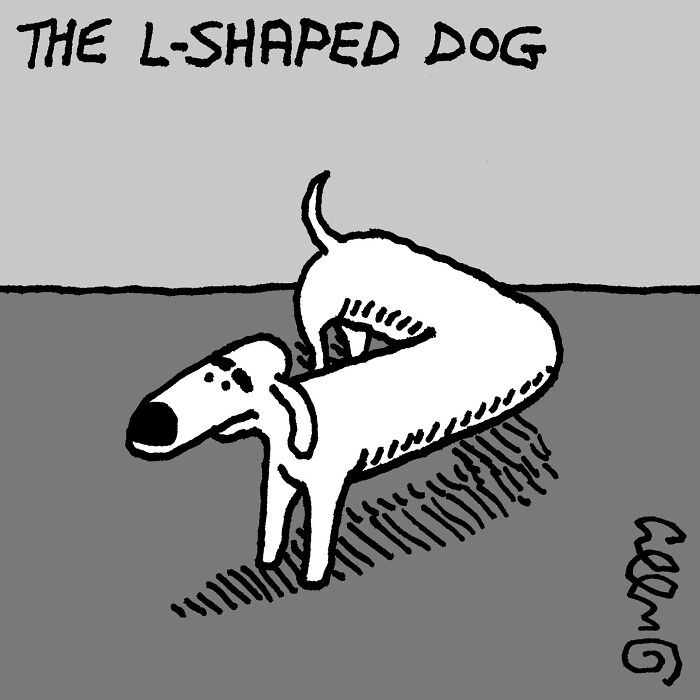 A J.C. Duffy cartoon depicting an L-shaped dog in an unusual pose, highlighting its flexible body.