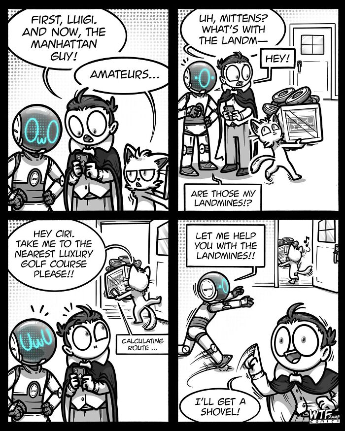 A WTFramecomics comic featuring characters discussing landmines and golf courses, with a robot asking Siri for directions.