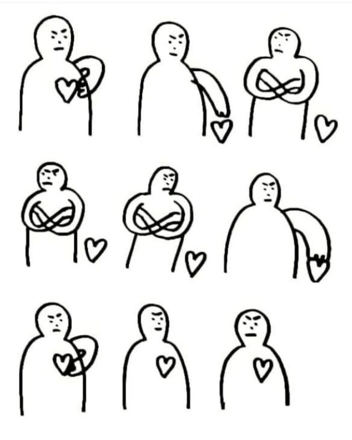 Light-hearted illustrations showing multiple stick figures with hearts, expressing various grumpy emotions, a series of comical puns.