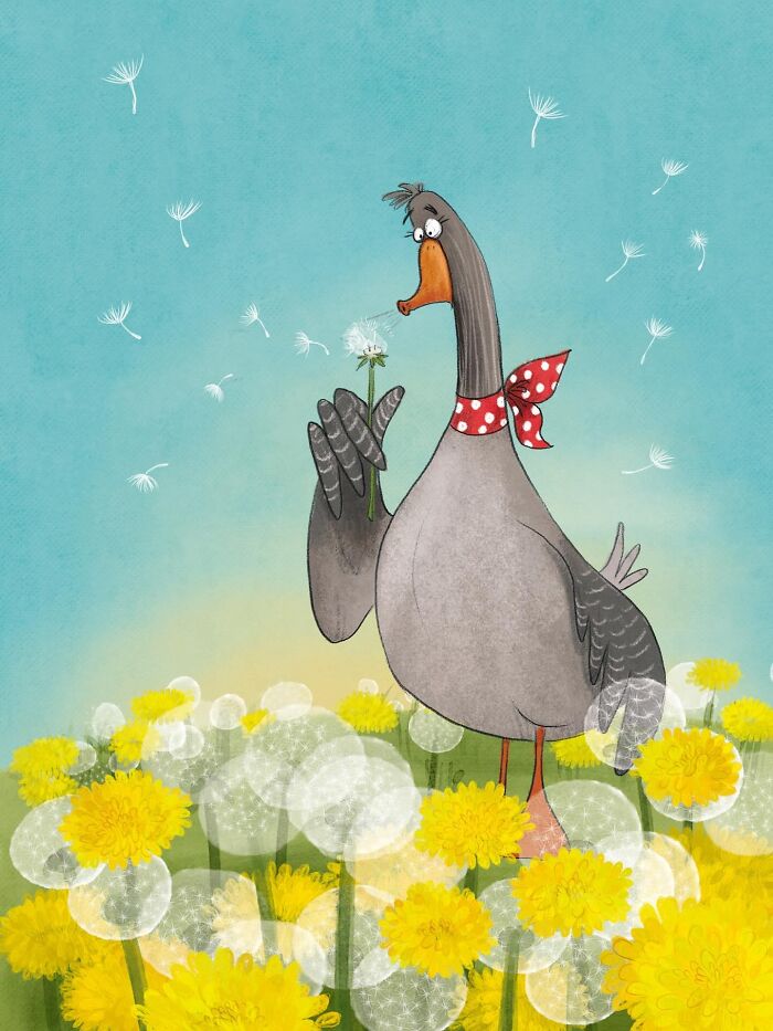 Lovable illustrated character goose in a field of dandelions, blowing on a dandelion puffball.