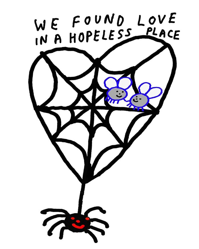Light-hearted illustration with a heart-shaped spiderweb, two flies, and a spider, portraying silly wordplay about finding love.