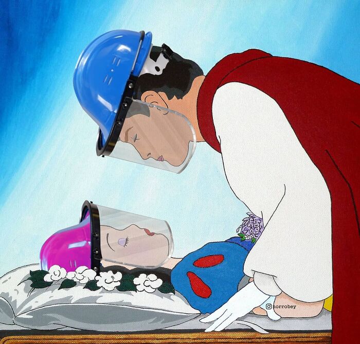 Digital artist blends famous movies and classical art: Prince Charming in PPE kisses Snow White with a face shield.