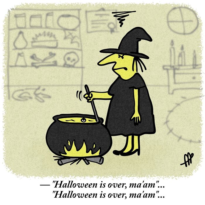 A witch stirring a cauldron with an eyeball, while a voice says 'Halloween is over', a witty single-panel comic.