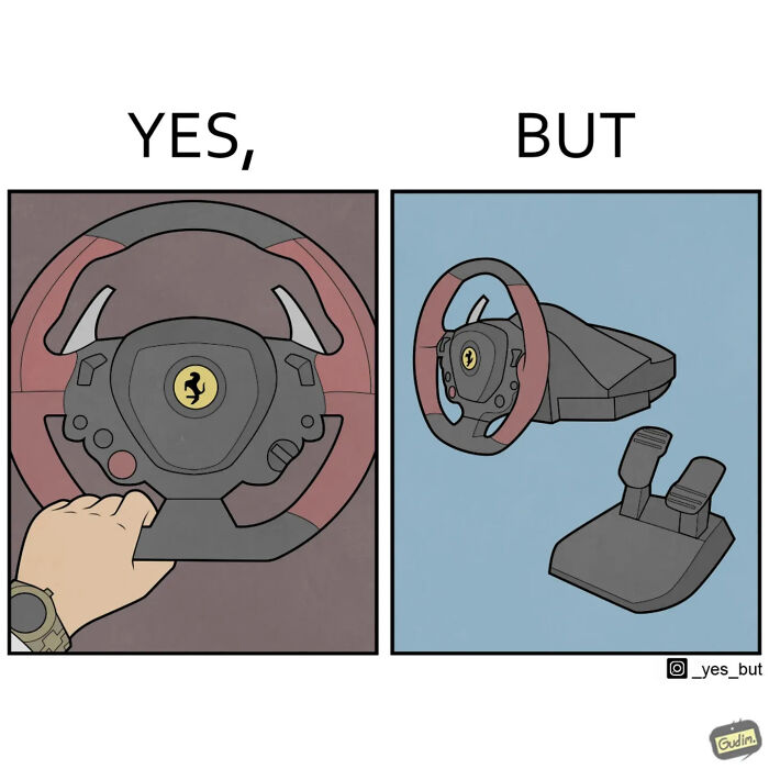 A Yes, But comic featuring a Ferrari steering wheel and a gaming steering wheel.
