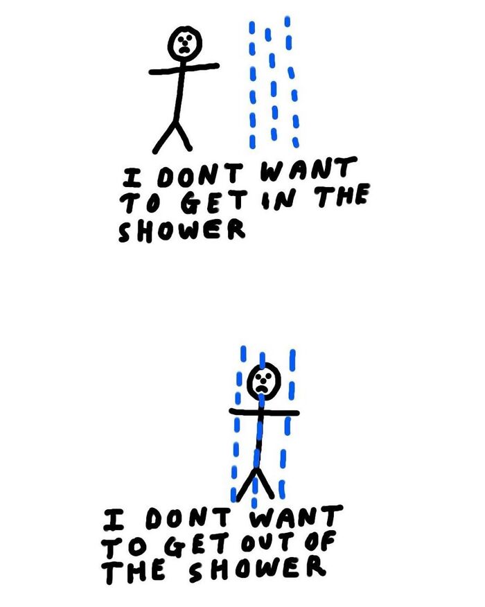 Light-hearted illustration depicting two stick figures in a shower, with comical puns about not wanting to get in or out.