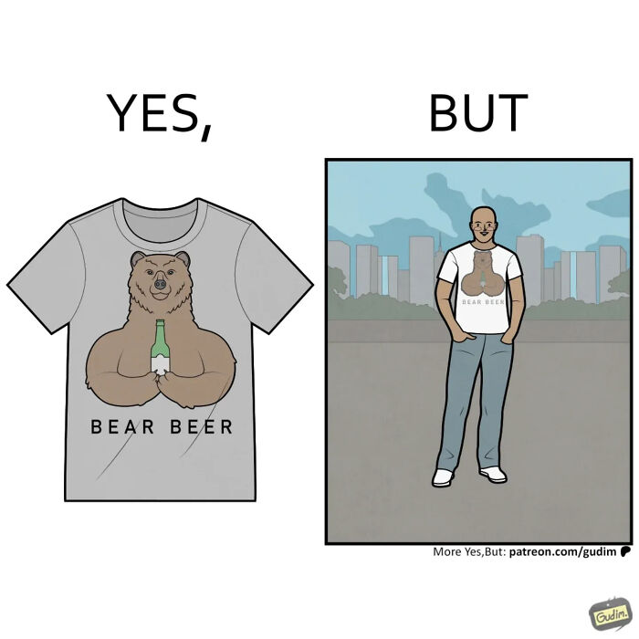 A Yes, But comic showing a bear holding beer on a t-shirt and a man wearing it.