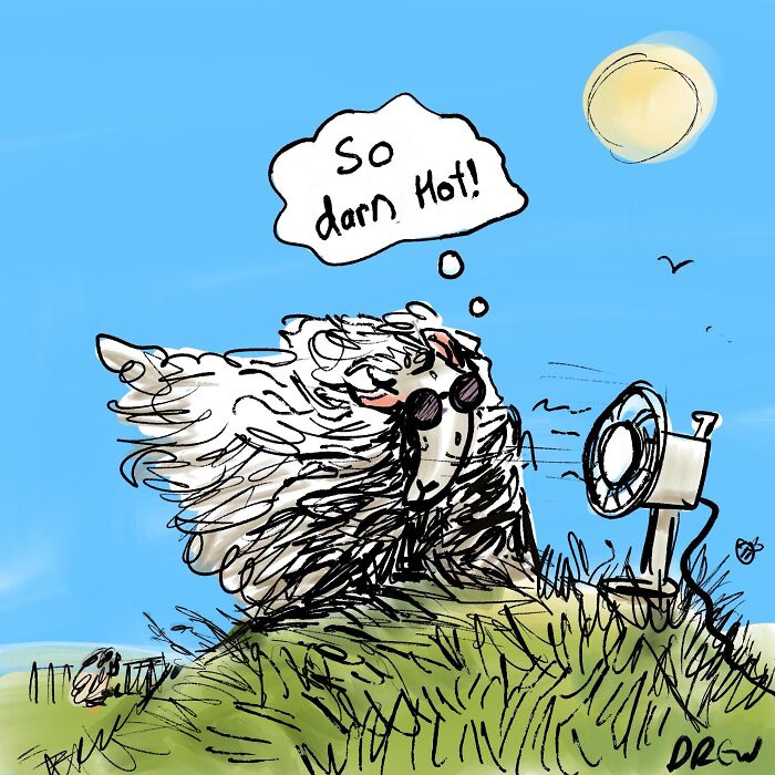 A fluffy sheep in sunglasses thinking So darn Hot! while being fanned by a clever single-panel comic fan.