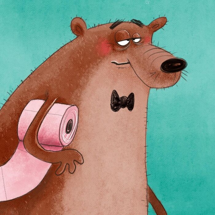 Lovable illustrated character of a bear wearing a bow tie and holding a roll of toilet paper.