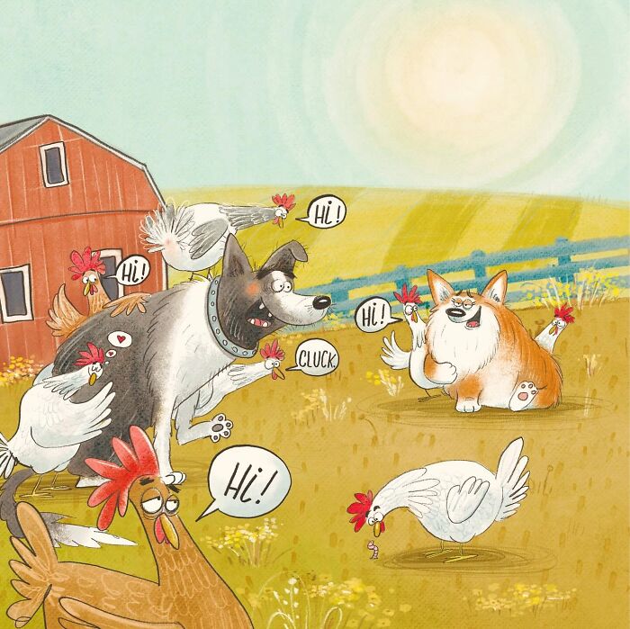 Lovable illustrated characters of farm animals: a dog, a corgi, and chickens interacting playfully.