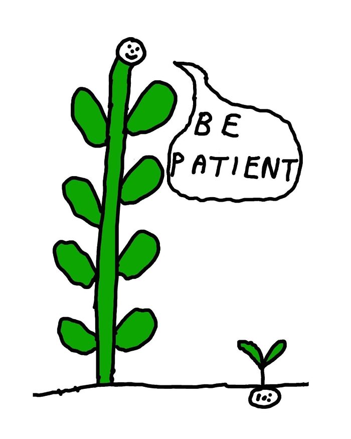 Light-hearted illustration featuring a tall plant telling a small sprout to Be Patient, with silly wordplay on growth and time.
