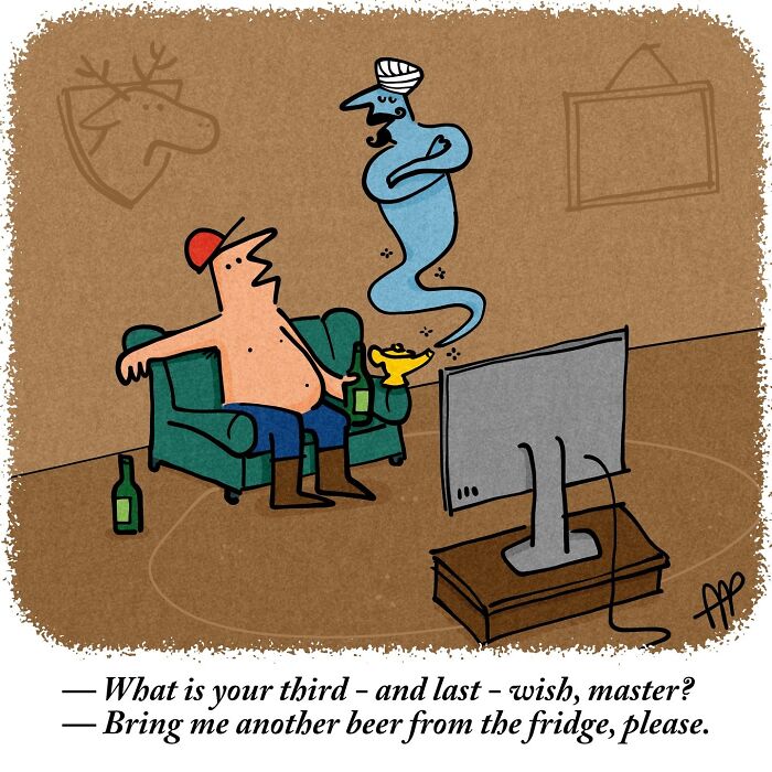 Witty single-panel comic: Genie appearing before a man on a couch, who wishes for another beer.