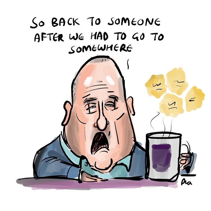 A tired man with a coffee mug, looking exasperated, featured in a surprisingly clever single-panel comic.