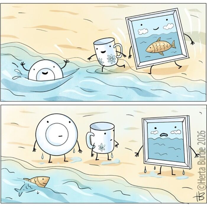 Herta Burbe illustration showing a cup, plate, and picture frame at the beach, part of daily comics and illustrations.