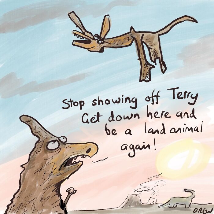 A surprisingly clever single-panel comic of two dinosaurs, one flying, one complaining.
