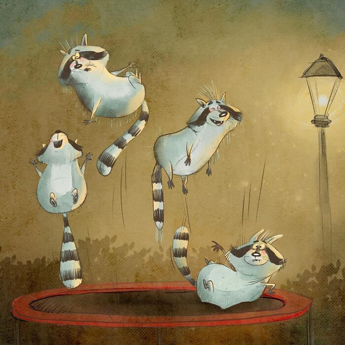 Artist's lovable illustrated characters of raccoons joyfully jumping on a trampoline under a street lamp.