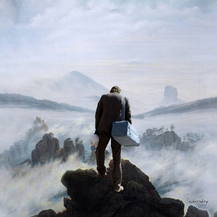 Digital artist blends famous movies with classical art, showing the Joker from behind, holding his mask, overlooking a misty landscape.