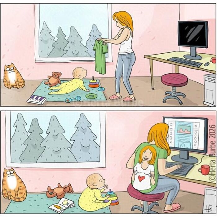 Herta Burbe cartoon about a mother working from home while her baby plays, illustrating daily comics and illustrations.