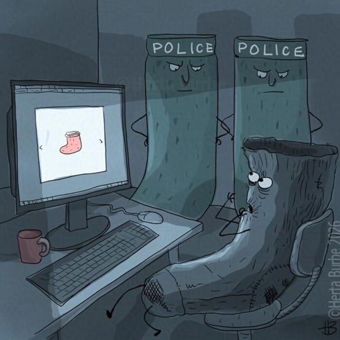 Herta Burbė comics and illustrations: two police socks interrogating another sock at a computer.