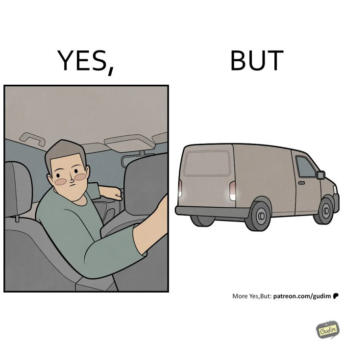 A person backing up a car while looking over their shoulder in a clever Yes, But comic.