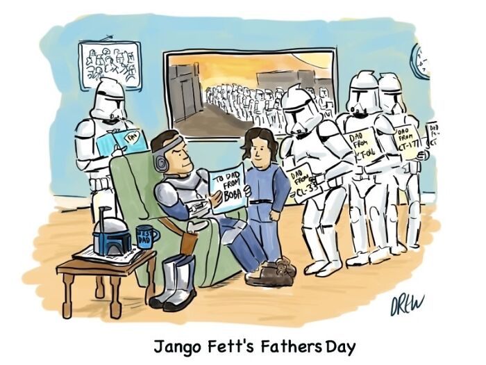 Jango Fett celebrating Fathers Day with Boba and other clone troopers in a clever single-panel comic.