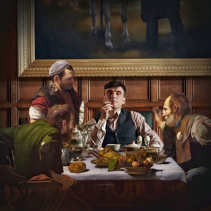 Digital artist blends famous movies and classical art, featuring modern characters in a classical dinner scene.