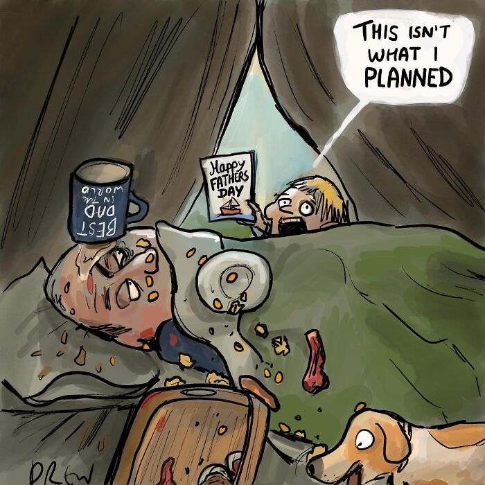 A man looking horrified in bed amidst mess, holding a Happy Fathers Day card, from a clever single-panel comic.