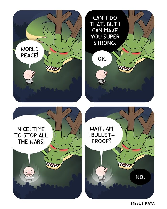 A Mesut Kaya comic strip with funny twists, featuring a man asking a dragon for wishes.