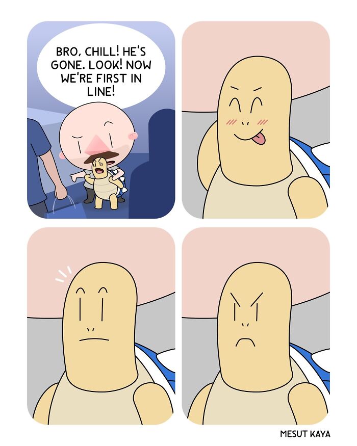 A Mesut Kaya comic strip with funny twists, showing a man pushing a boy in line.