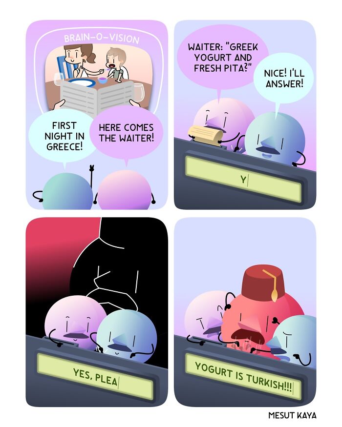 A Mesut Kaya comic strip featuring funny twists about Greek yogurt being Turkish.