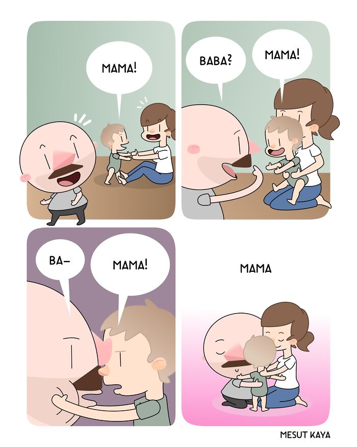 A Mesut Kaya comic strip of a baby trying to say Mama and Baba, with funny twists.
