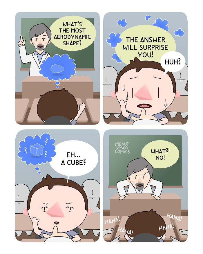 A Mesut Kaya comic about a student giving a funny twist to the answer of an aerodynamic shape.