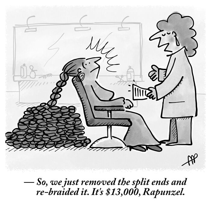 A witty single-panel comic shows a person in a salon chair with extremely long braided hair on the floor, and a stylist presenting a bill.