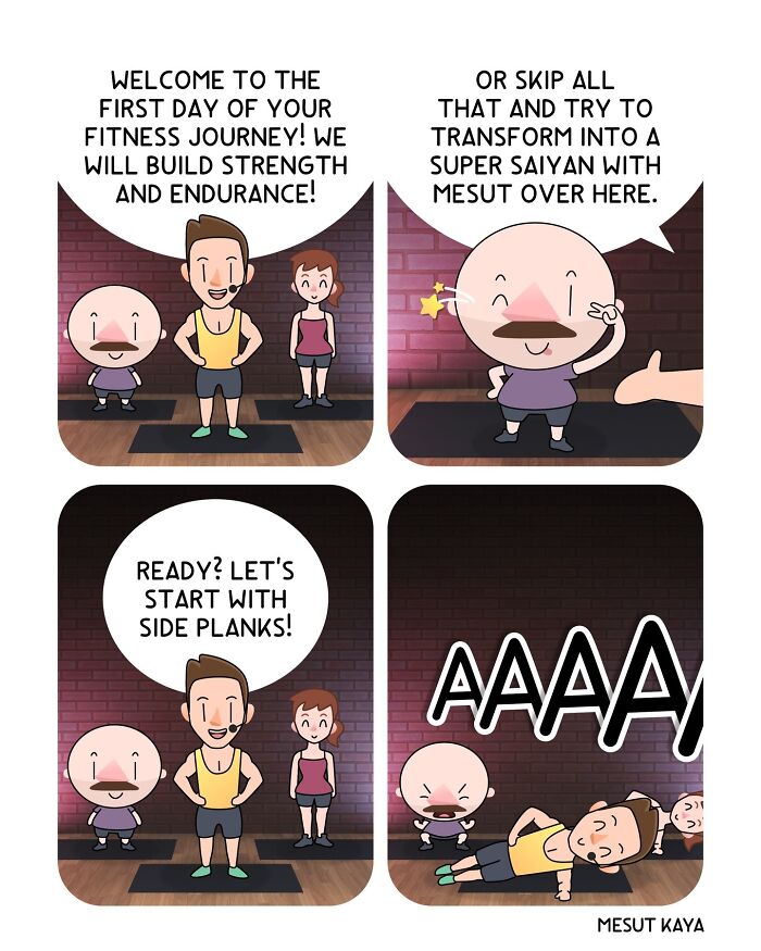Mesut Kaya comic about a fitness journey, with someone struggling during a side plank exercise.