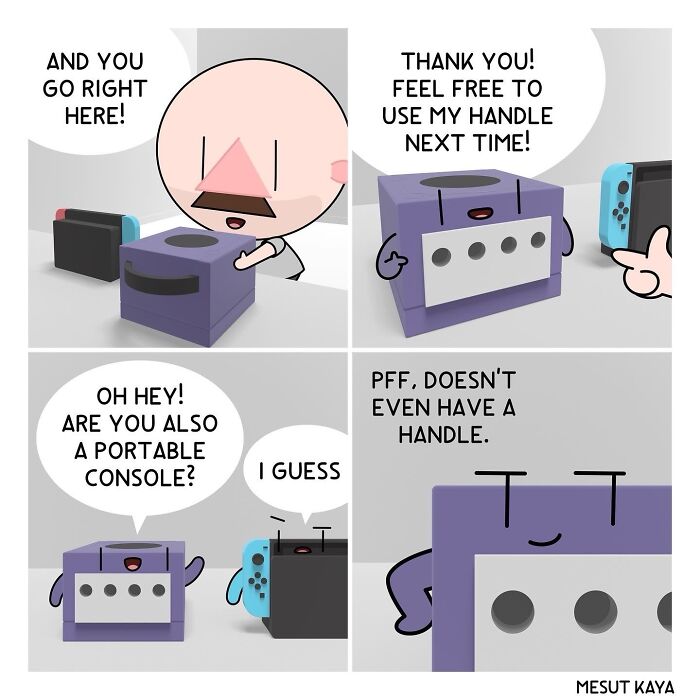 A silly comic by Mesut Kaya about a Nintendo GameCube and Switch comparing portability and handles.
