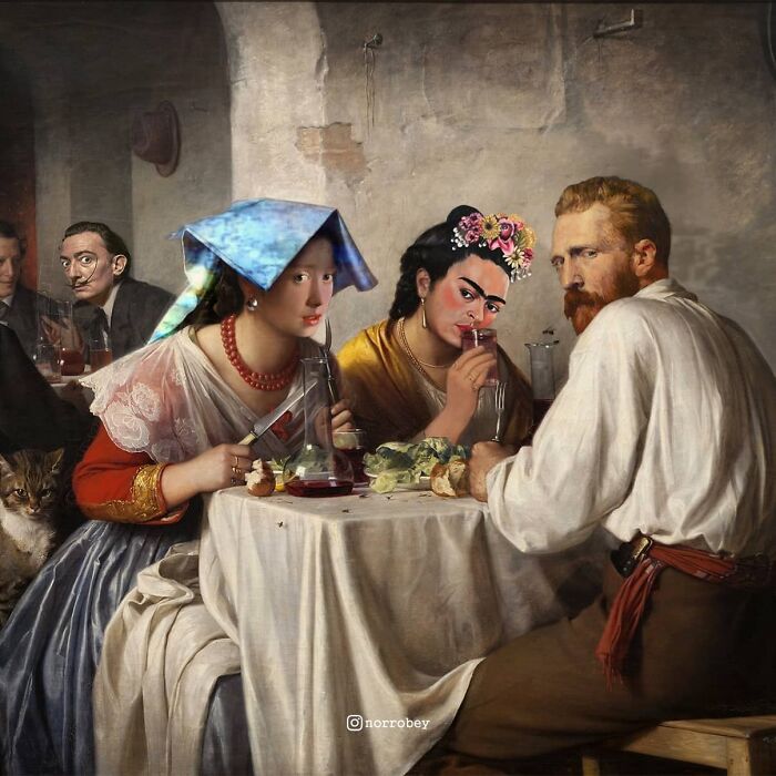 Digital artist blends famous movies with classical art, illustrating a dinner scene with famous artists including Van Gogh and Frida Kahlo.