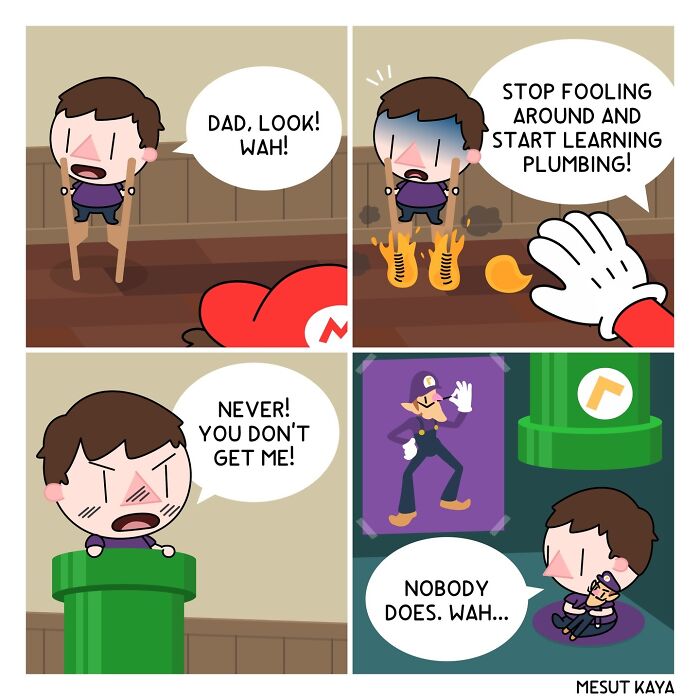 Mesut Kaya comic: a son wants to be a hero, but his dad wants him to learn plumbing.