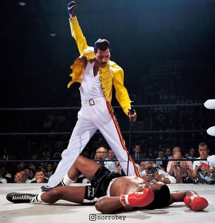 Digital artist blends famous movies with classical art, featuring Freddie Mercury triumphing over Muhammad Ali in a boxing ring.