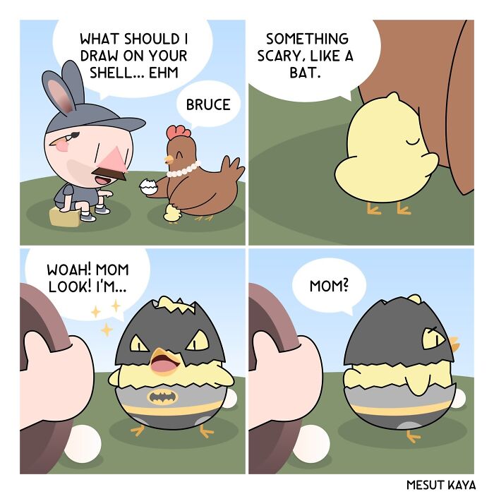 A silly comic by Mesut Kaya showing a chick trying to be scary like a bat, wearing a Batman shell.