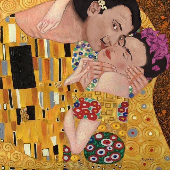 Digital artist blends famous movies with classical art, showing a mashup of Frida Kahlo and Salvador Dalí in The Kiss.