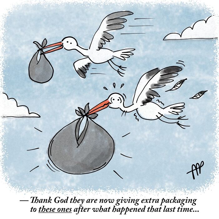 A witty single-panel comic shows two storks flying, one struggling with an oversized, heavily packaged baby, highlighting absurd ideas.