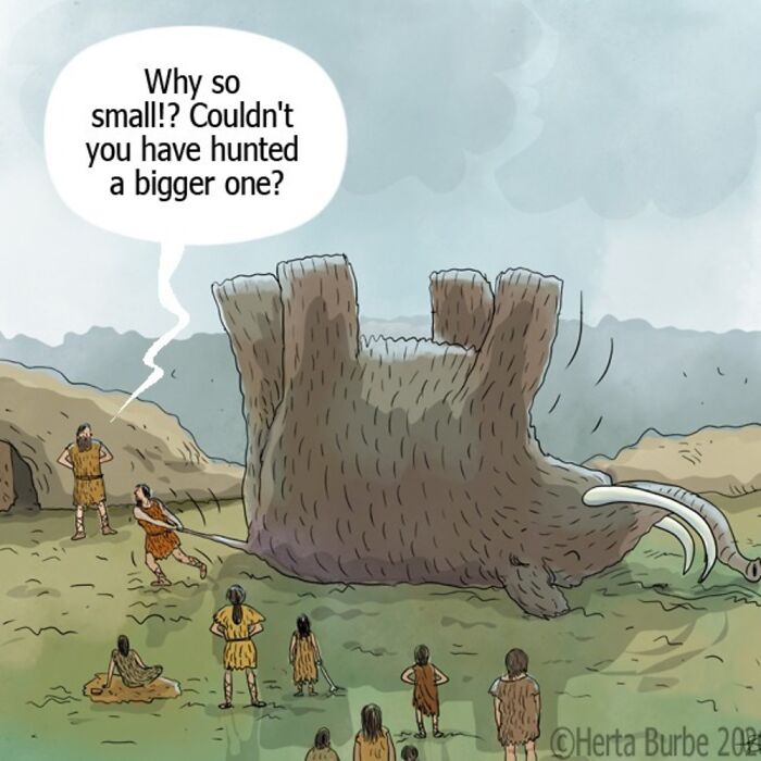 Herta Burbė comics and illustrations: cavemen struggle with a small woolly mammoth.