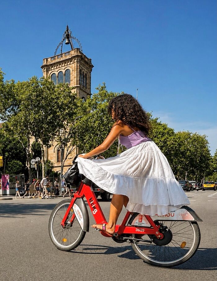 A woman on a red rental bicycle, her white skirt flowing, in Barcelona, showing perfectly timed coincidences.